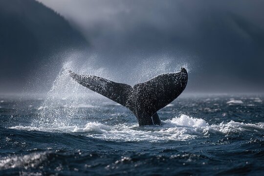 humpback whale tail splashing high in ocean spray