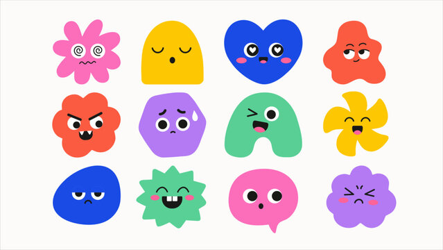 Colorful abstract cartoon characters with expressive emoji faces and different emotions. Cute vector set for stickers, kids designs, social media, branding, posters and playful graphics.