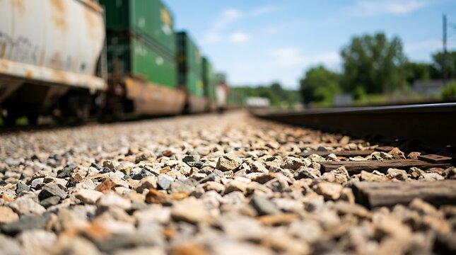 Low perspective view along railway ballast crushed stones with cargo train carrying intermodal containers on rural tracks serving freight logistics network.