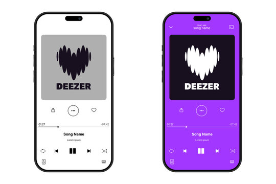  Deezer music streaming  app interface mockup in light and dark modes with player UI controls and song information on screen.