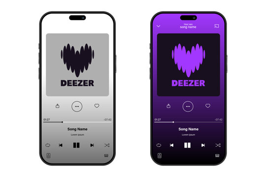 smartphones showing the Deezer music streaming app player interface mockup with light and dark mode designs on white background