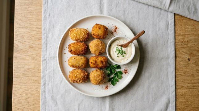 A plate of crispy, golden-brown, sesame-seed-crusted croquettes served with a creamy, herby dipping sauce on a white plate with a rustic wooden table and a white tablecloth.