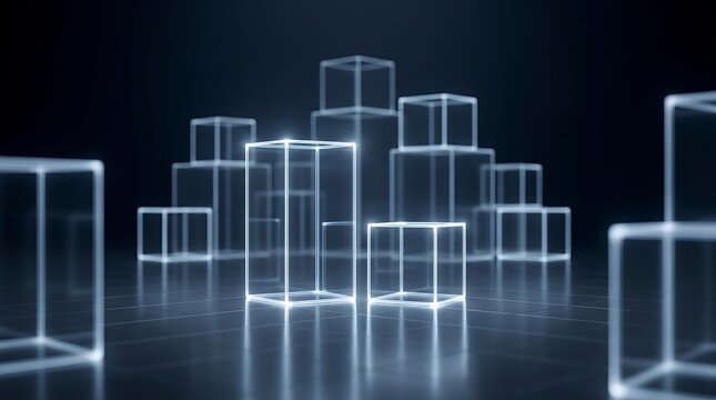 Arrangement of glowing geometric cubes in a dark futuristic setting, representing technology and abstract concepts with bright illumination.