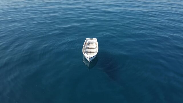 Small white boat drifts alone on calm deep blue sea