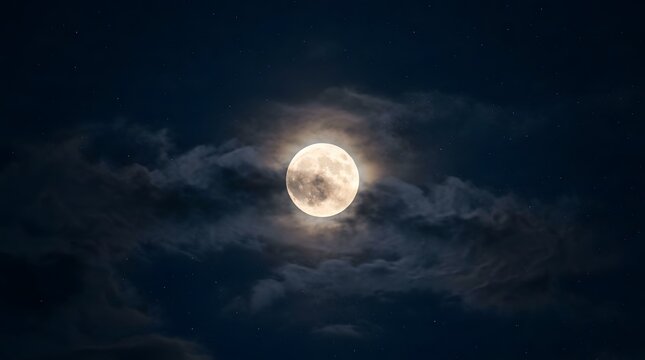 A bright full moon shining through thin dark clouds in the night sky during a clear evening