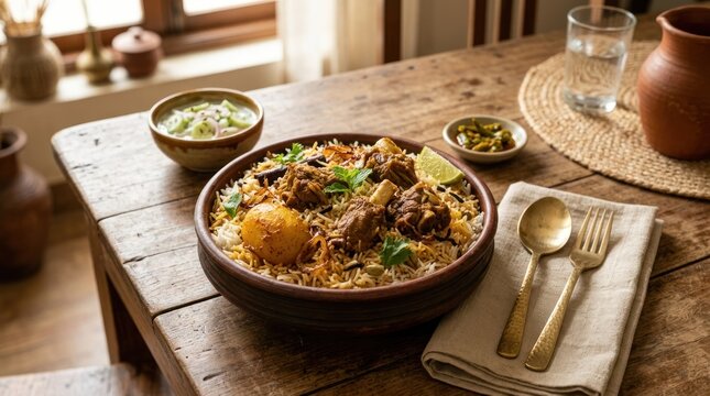 A wooden table with a bowl of biryani and a glass of water on it.