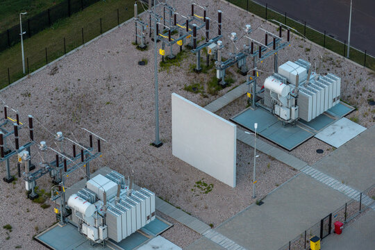 Aerial view of data center high-voltage power substation.