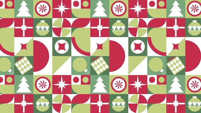 Seamless Christmas pattern background with festive geometric shapes and holiday icons