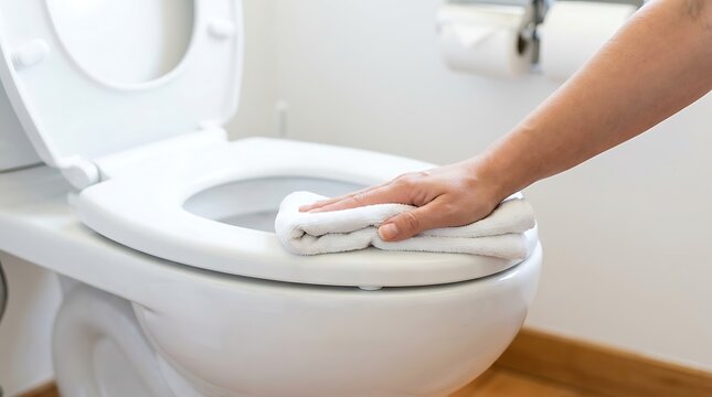 Woman hand carefully sanitizing white toilet bowl using soft folded cloth during morning bathroom cleaning routine to maintain overall household cleanliness.
