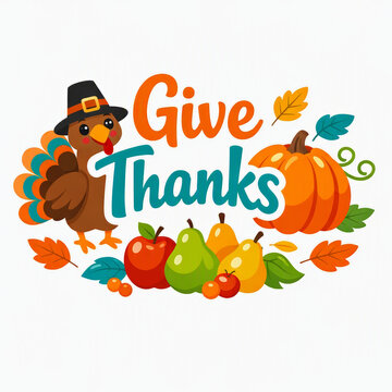 Festive Thanksgiving illustration - cheerful turkey in pilgrim hat,  bright pumpkin, autumn fruits, and colorful fall leaves. Gratitude and seasonal celebration with warm &ldquo;Give Thanks&rdquo; message.