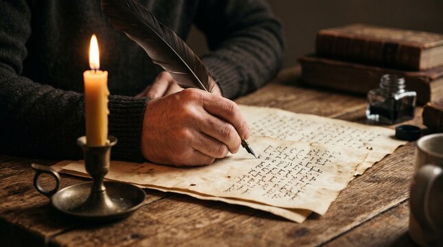 Person writing with quill on parchment by candlelight