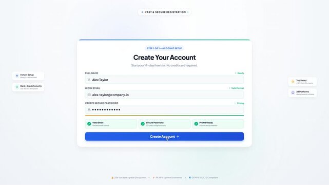 Digital user registration interface screen featuring account setup form fields with interactive validation elements for modern web design software demonstration