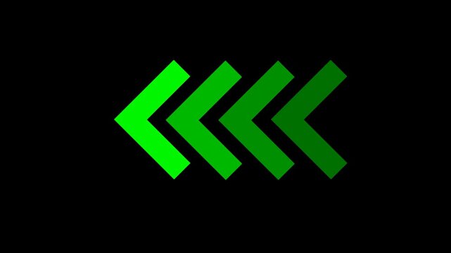 Green neon chevron arrows blinking and pointing left animation on black background loop.