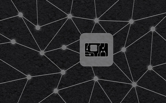 Technologischer Hintergrund mit Mikrochip-Symbol, vernetzten Datenstrukturen und Schaltkreisen auf dunkler Textur f&uuml;r IT-Konzepte, Software, KI und Cybersecurity.