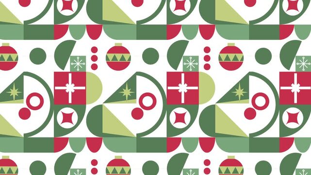 Seamless Christmas pattern background with geometric festive ornaments and gift boxes