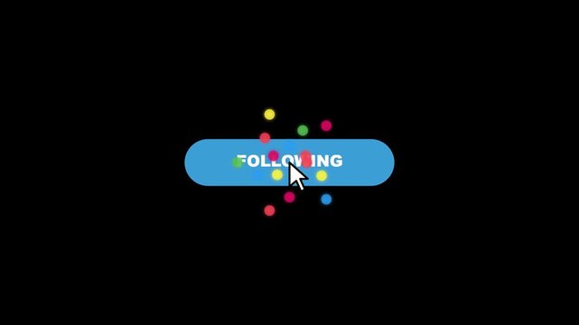 A mouse cursor hovers over a blue 'FOLLOWING' button with colorful dots on a black background, representing digital interaction.