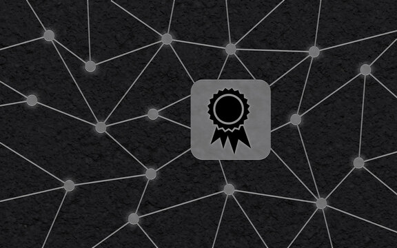 Auszeichnung mit Qualit&auml;tssiegel als digitales Konzept auf schwarzem strukturiertem Hintergrund mit einem Netzwerk aus Linien und Knotenpunkten f&uuml;r Business, Zertifikat und Erfolg.