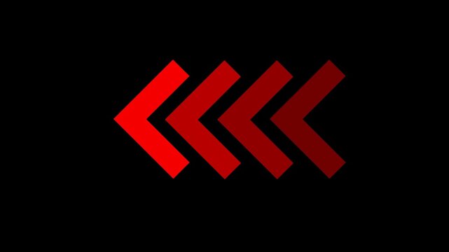  Red neon chevron arrows blinking and pointing left animation on black background loop.