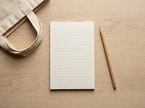 Blank paper notebook with a wooden pencil on a green desk