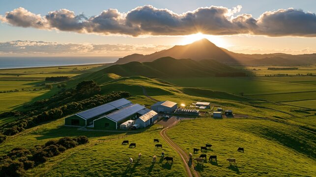 Modern cattle farm set in a green rural landscape during sunset