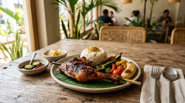 A wooden table with a plate of grilled chicken, rice, and vegetables on a leafy napkin, with a blurred background of a restaurant interior.