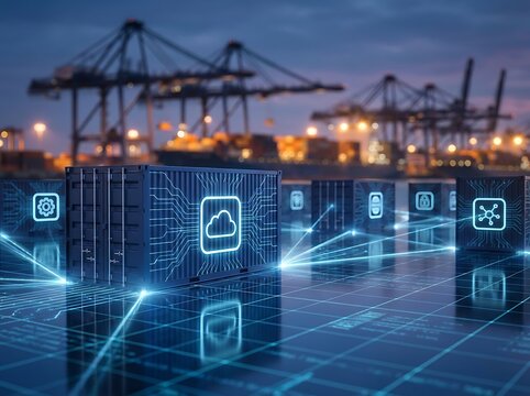 Smart cargo containers with glowing cloud computing network lines on digital harbor floor representing automated logistics optimization and global supply chain.