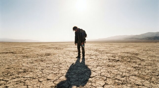 Lone traveler standing in vast desert landscape under bright sun