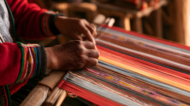 Focused indigenous artisan patiently weaving colorful traditional textile using handcraft loom, showcasing authentic heritage detail