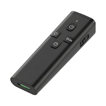 Sleek black wireless presenter remote control with power and function buttons isolated on white background