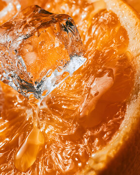 Refreshing melting ice cube sits on juicy orange fruit, showcasing fresh cold citrus texture with joyful bright summer sensation