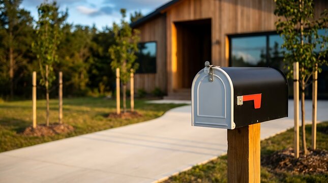 Modern black mailbox with red flag stands next to concrete driveway in front of a contemporary wooden house exterior.