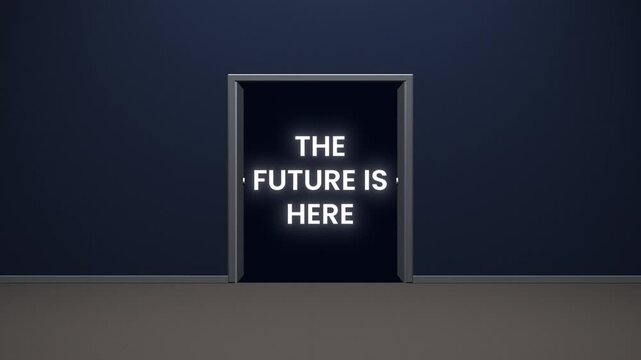 White doors opening revealing glowing The Future Is Here text. Innovative technology and opportunity motion graphic.