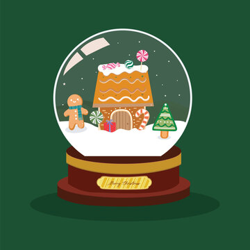 Festive snow globe illustration featuring a gingerbread house, Christmas tree, gingerbread cookie, presents and snowy winter scenery.