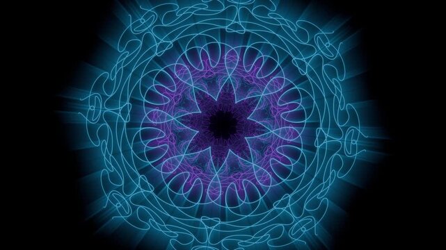 Seamless loop animation of glowing dimensional mandala with layered purple and blue floral patterns. Kaleidoscopic neon background for yoga , meditation , spiritual art and music performance. 4K 60fps