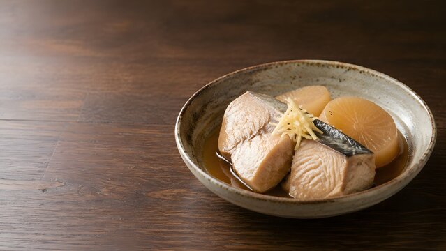 japanese simmered yellowtail and daikon with ginger garnish