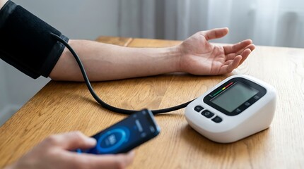 Fototapeta premium Person's arm with blood pressure cuff connected to monitor and smartphone showing heart rate on wooden table.