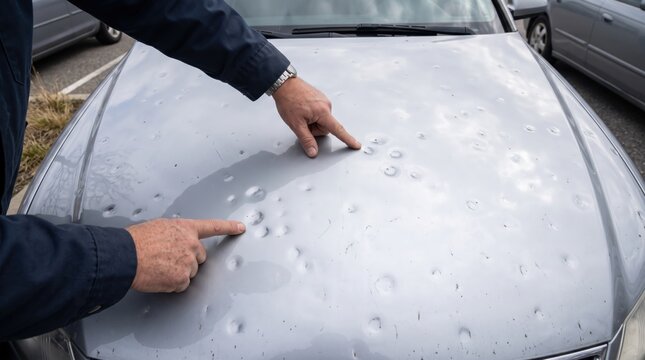 Close up of male hands pointing at severe hail damage dents on silver car hood, auto insurance claim inspection, vehicle body repair assessment after storm weather destruction