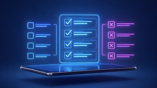 Floating Holographic Task Verification Checklist Interface Over Tablet Screen