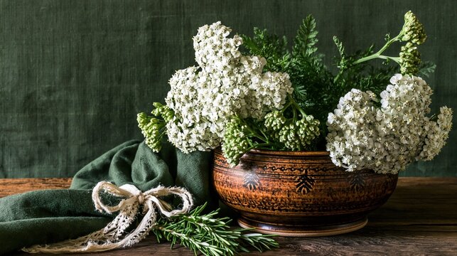 White Yarrow Flowers in a rustic pot on dark wood surface with green cloth background