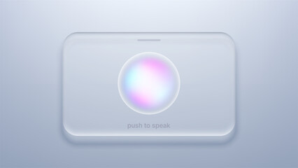 Glass push to speak button with glowing ai orb. Futuristic voice assistant interface for chat bot communication. Digital virtual helper technology and smart interaction concept