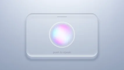 Fotobehang Karaktertjes Glass push to speak button with glowing ai orb. Futuristic voice assistant interface for chat bot communication. Digital virtual helper technology and smart interaction concept  © hiten666