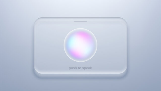 Glass push to speak button with glowing ai orb. Futuristic voice assistant interface for chat bot communication. Digital virtual helper technology and smart interaction concept