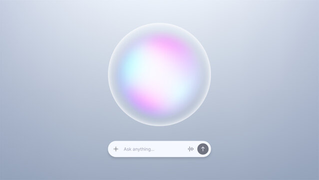 Futuristic ai chat assistant with glowing orb and ask anything search bar. Virtual helper interface for chatbot interaction and generative technology concept for digital communication