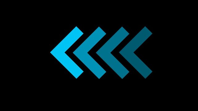 Blue neon chevron arrows blinking and pointing left animation on black background loop.