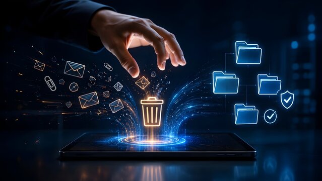 Hand Deleting Spam Emails And Organizing Digital Folders On Hologram Tablet