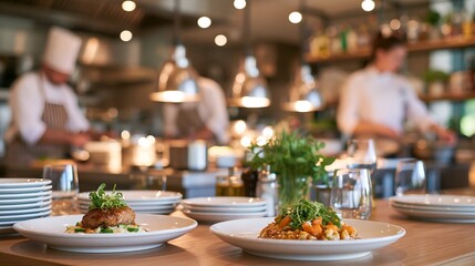 Fototapeta premium Busy restaurant kitchen with chefs preparing food.
