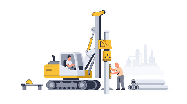 Construction Pile Driver Machine Operated by Worker on Building Site