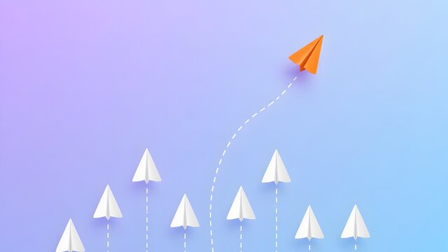 Orange Paper Airplane Breaking Away Changing Direction On Purple Background