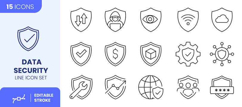 Data Security Line Icon Set, Cyber Protection and Privacy Symbols Vector Illustration with Editable Stroke