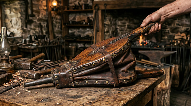 Antique leather and wood bellows resting on a workbench in a rustic blacksmith's forge